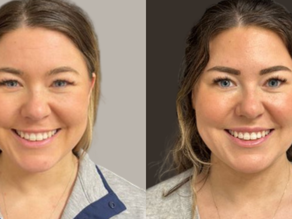 A side-by-side portrait comparison of a woman with brown hair, smiling in two different photos. The left photo has a light gray background and shows her wearing a gray top with a navy collar.