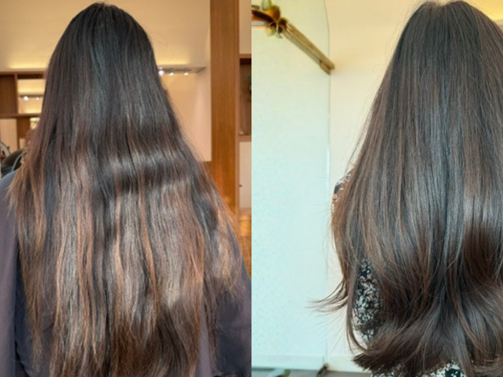 A side-by-side before and after comparison of a woman's long, dark brown hair. The left image shows the hair in a straight, frizzy state, while the right image shows the hair styled in soft, glossy waves.