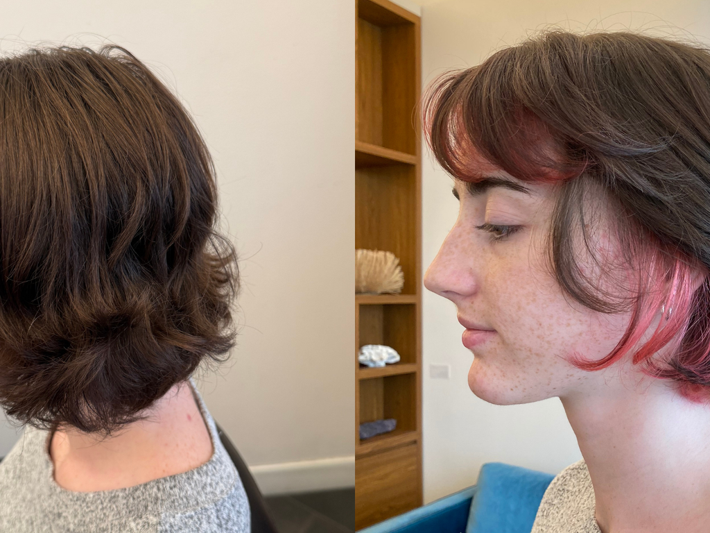 A side-by-side comparison of a woman's short brown hair, showing the back view on the left and a profile view on the right with pink highlights dyed into the ends.
