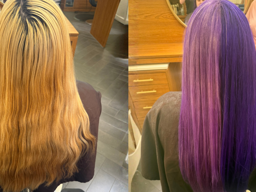 A side-by-side comparison of a person's long hair, showing a blonde-to-purple color transformation. The left panel shows the hair in a warm golden blonde shade, and the right panel shows it transformed into a vibrant purple.
