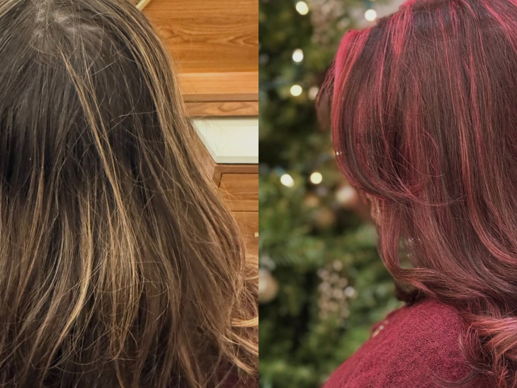 A side-by-side comparison of a person's hair, showing a before-and-after style. The left side shows medium brown hair with lighter blonde highlights, while the right side shows the same hair styled in loose waves with a deep berry pink or burgundy dye job against a festive holiday background.