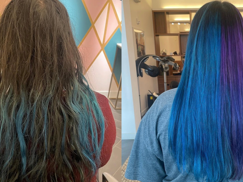 Two people with blue and purple hair in a salon setting.
