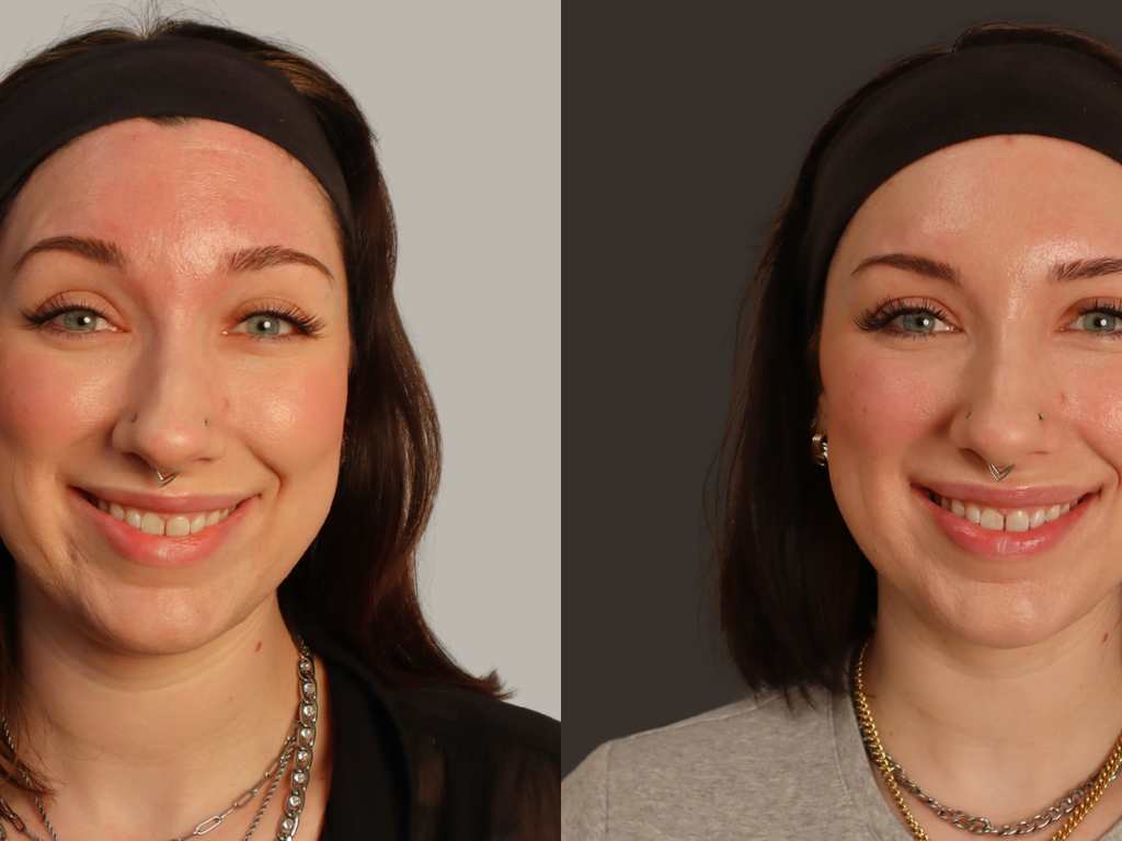 A side-by-side before and after comparison of a woman's face, demonstrating the effect of a skin whitening or tan-blonde makeup product. The left side shows her natural skin tone, and the right side shows a lighter, more tan complexion after application.