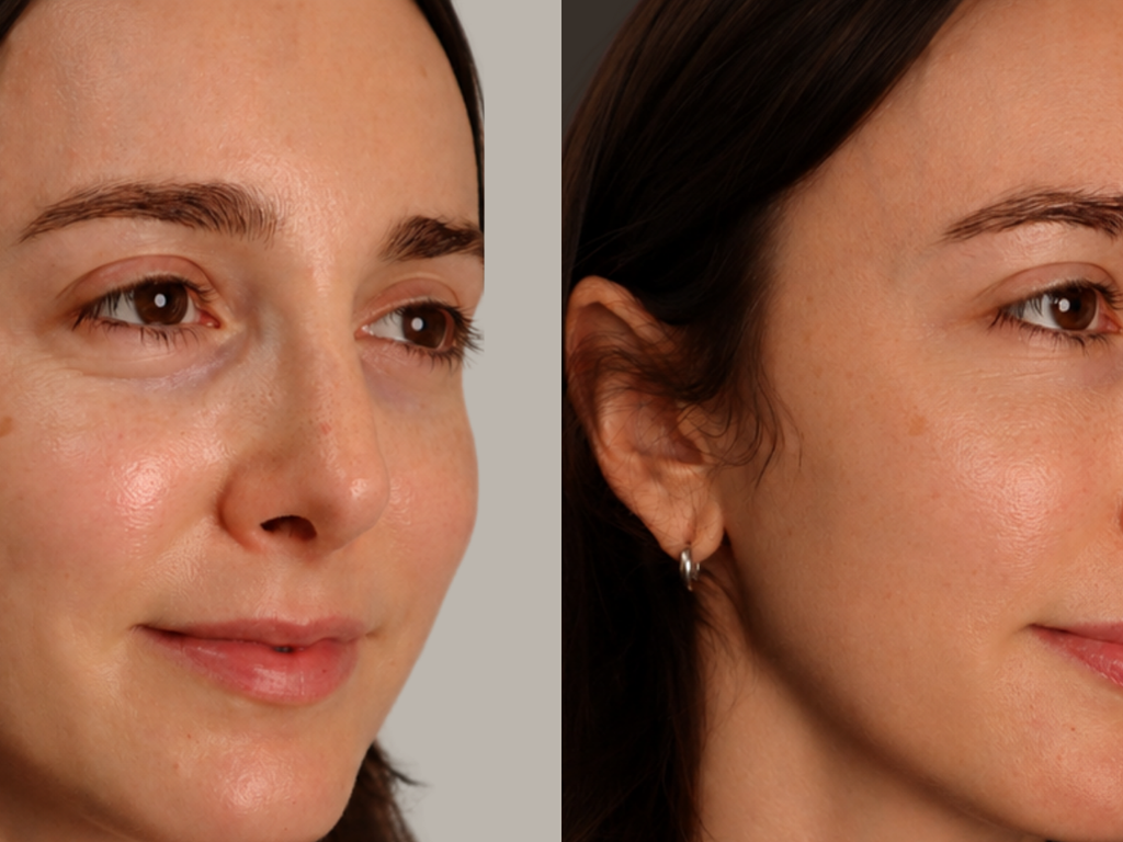 A side-by-side before and after comparison of a woman's face, showing a cosmetic or skincare treatment result. The left side shows the face with natural skin tone, and the right side shows a smoother, more even complexion against a dark gray background.