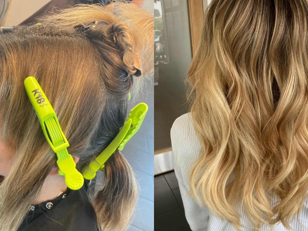 Before and after transformation of hair color with a hairdresser's chair and salon setting.