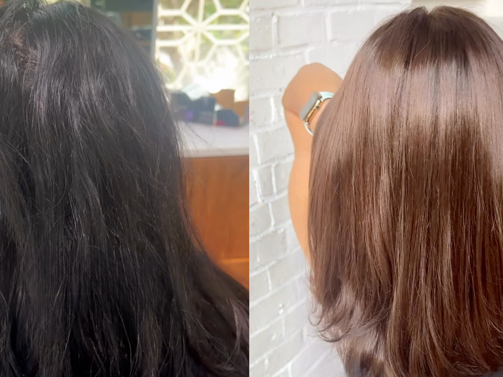 Before and after comparison of a person's long hair, showing frizzy, dark hair on the left and smooth, shiny, medium brown hair on the right.