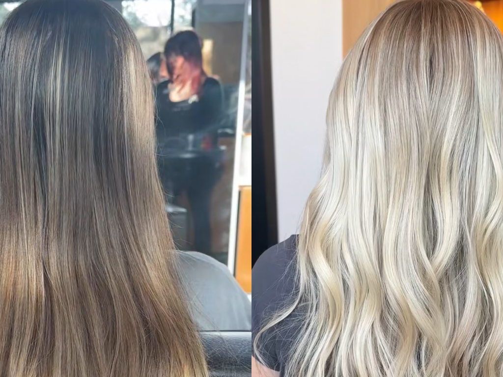 A side-by-side comparison of a person's long, straight brown hair on the left and wavy, highlighted blonde hair on the right, likely showing the results of a hair color or treatment.