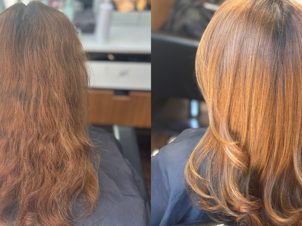 Before and after comparison of a person's hair, showing a wavy, dry, and frizzy texture on the left, and a smoother, shinier, and more voluminous texture on the right.