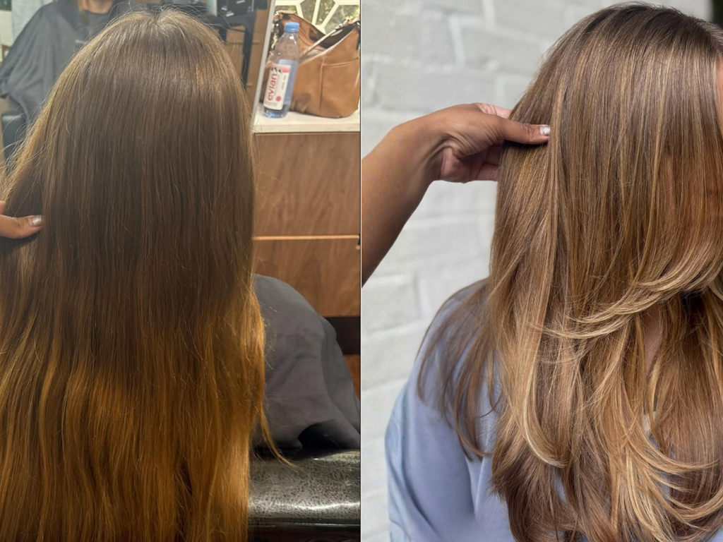A side-by-side comparison of a woman's long brown hair before and after a salon treatment. The left panel shows straight, darker brown hair, while the right panel shows the same hair with lighter, warm blonde highlights and a softer texture.
