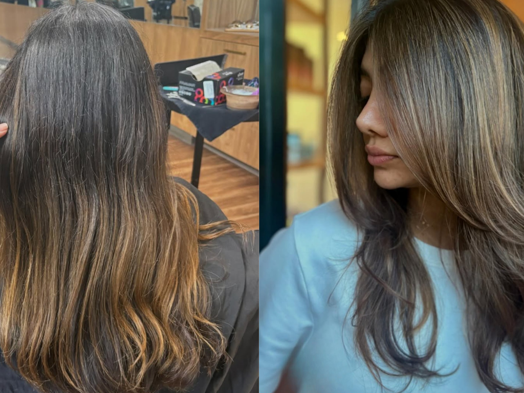 A side-by-side comparison of a woman's hair before and after a salon cut and color treatment. The left panel shows her from the back with shoulder-length, dark brown hair with warm caramel and blonde highlights.