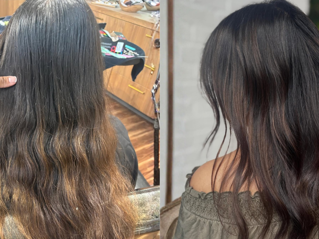 A side-by-side comparison of a person's long, wavy hair in a salon setting. The left panel shows the hair with darker roots and lighter caramel-brown ends, while the right panel shows the hair styled and darker overall.