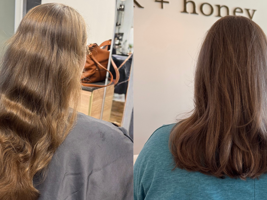 Before-and-after hair transformation showing a woman from behind, with long, wavy light brown hair on the left and medium-length, straight brown hair on the right, set in a salon environment.