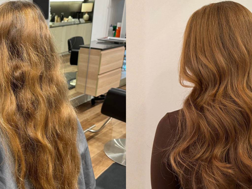 Before-and-after comparison of a person's long, wavy hair, showing frizzy, dry-looking hair on the left and smooth, shiny, styled hair on the right.
