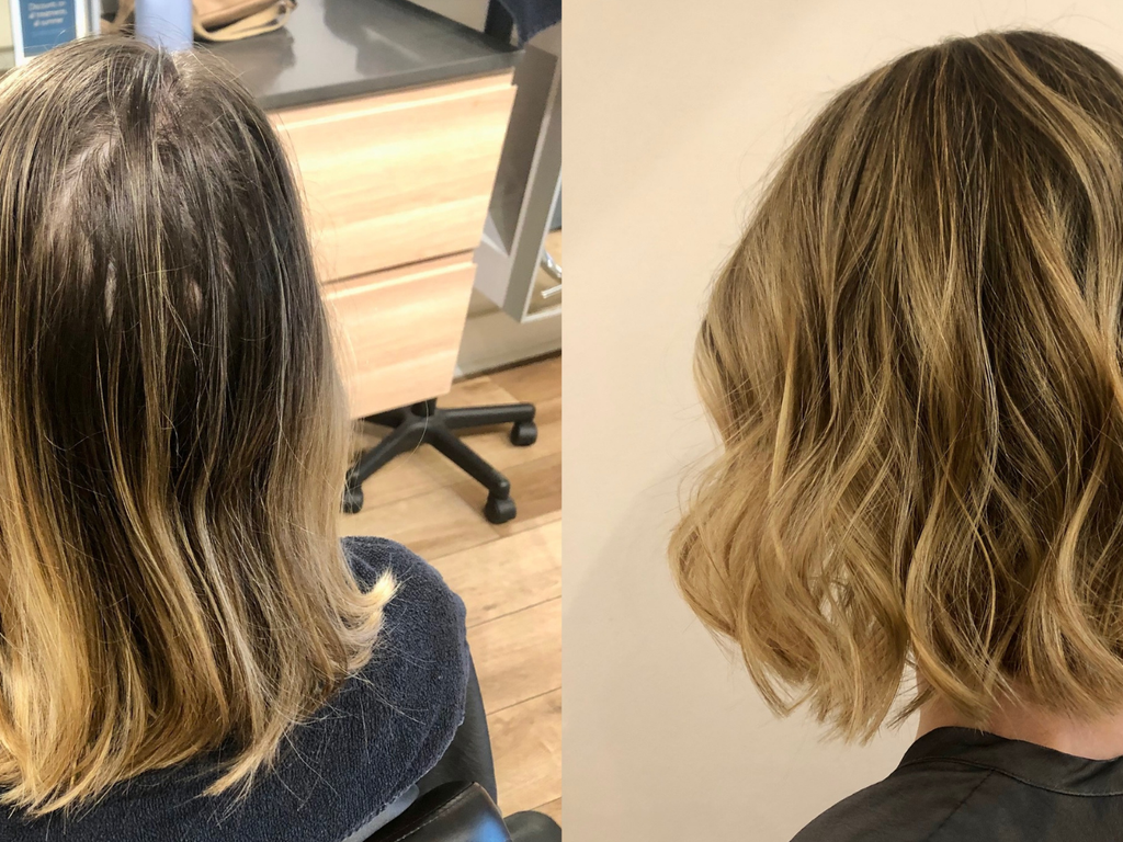 A side-by-side salon comparison showing the back view of a person with shoulder-length balayage hair. The left side shows the hair in a salon chair with visible roots and some texture, while the right side shows the hair styled and dried in a salon setting, highlighting the highlighted blonde waves.