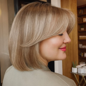 A woman shown in side profile wearing a shoulder-length layered bob haircut with straight, slightly wavy blonde hair and bangs, photographed indoors in a salon-like setting.