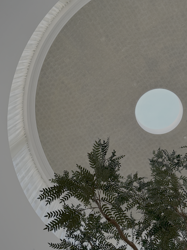 An upward-looking view inside a large circular architectural opening, showing a pale dome ceiling, a round opening near the upper right, and green tree branches and leaves in the foreground.
