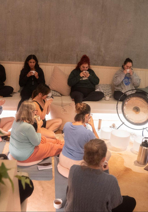 A group of people sitting in a circle on cushions in a cozy living room setting, drinking from small cups. The room has a concrete-textured wall, a large potted plant in the foreground, and a floor fan.