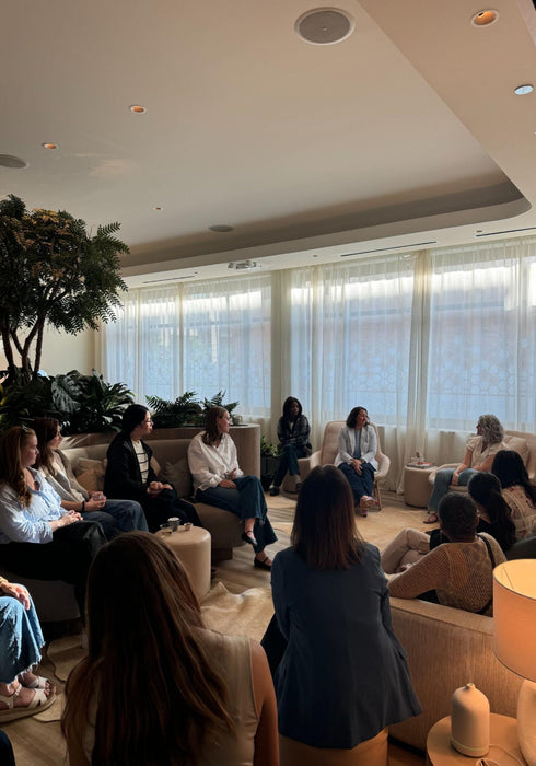 A group of women are seated in a modern, sunlit lounge room arranged in a semi-circle, listening to a speaker who is standing near a window with sheer curtains.