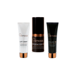 Three Osmosis skincare products arranged side by side on a white background: a white Lift Away tube, a black Stemfactor MD bottle with a metallic bronze band, and a black Polish MD tube with a metallic bronze cap.