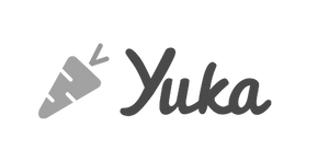 A minimalist logo featuring a gray stylized carrot icon next to the word 'Yuka' in dark gray script on a plain white background.